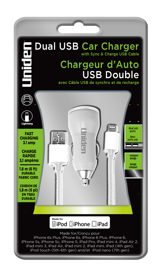 Uniden 3.1 Amp. Dual USB Car Charger With Apple Lightning Cable