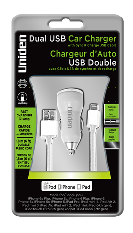 Uniden 3.1 Amp. Dual USB Car Charger With Apple Lightning Cable.