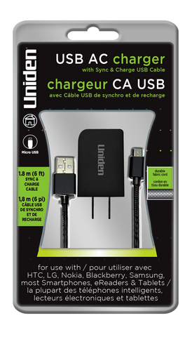 Uniden 1 Amp. USB AC Charger With Micro USB Cable.