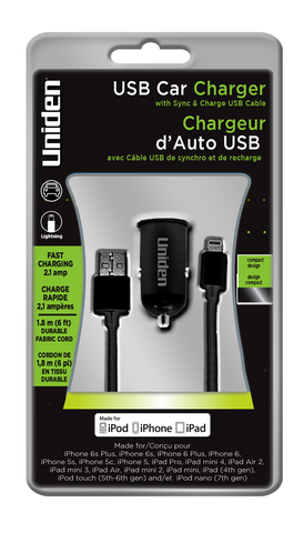 Uniden 2.1 Amp. USB Car Charger With 6' Micro USB Cable