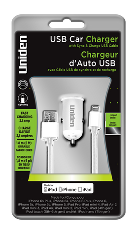 Uniden 2.1 Amp. USB Car Charger With 6' Lightning Cable