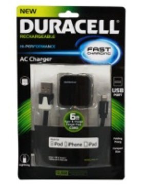 Duracell USB AC Charger With Sync & Charge Lighning Cable 6FT - Black