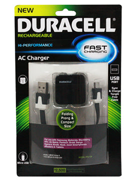 Duracell USB AC Charger With Sync & Charge Micro USB Cable 6FT - black