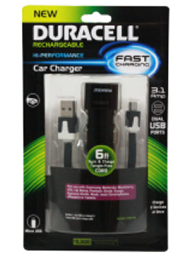 Duracell Car Charger With Sync & Charge Micro USBCable 6FT - Black